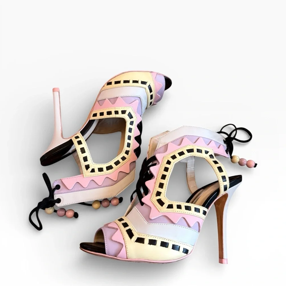 Sophia Webster Riko Leather Pastel Multicolor Cut-Out Lace-Up Heels EU 37 US 7
